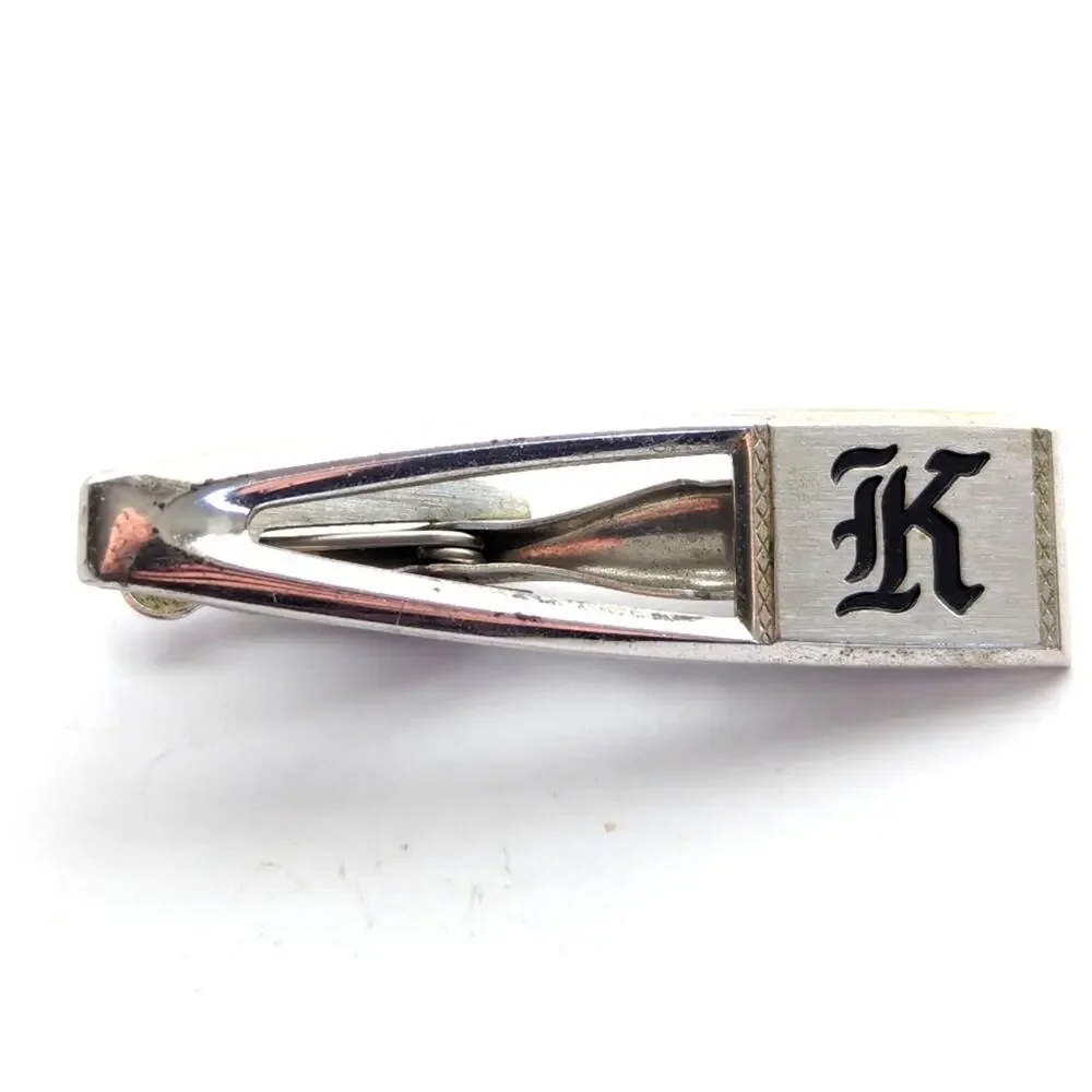 Vintage Hickok USA Silver Tone K Initial Tie Tack and Cuff Links Set
